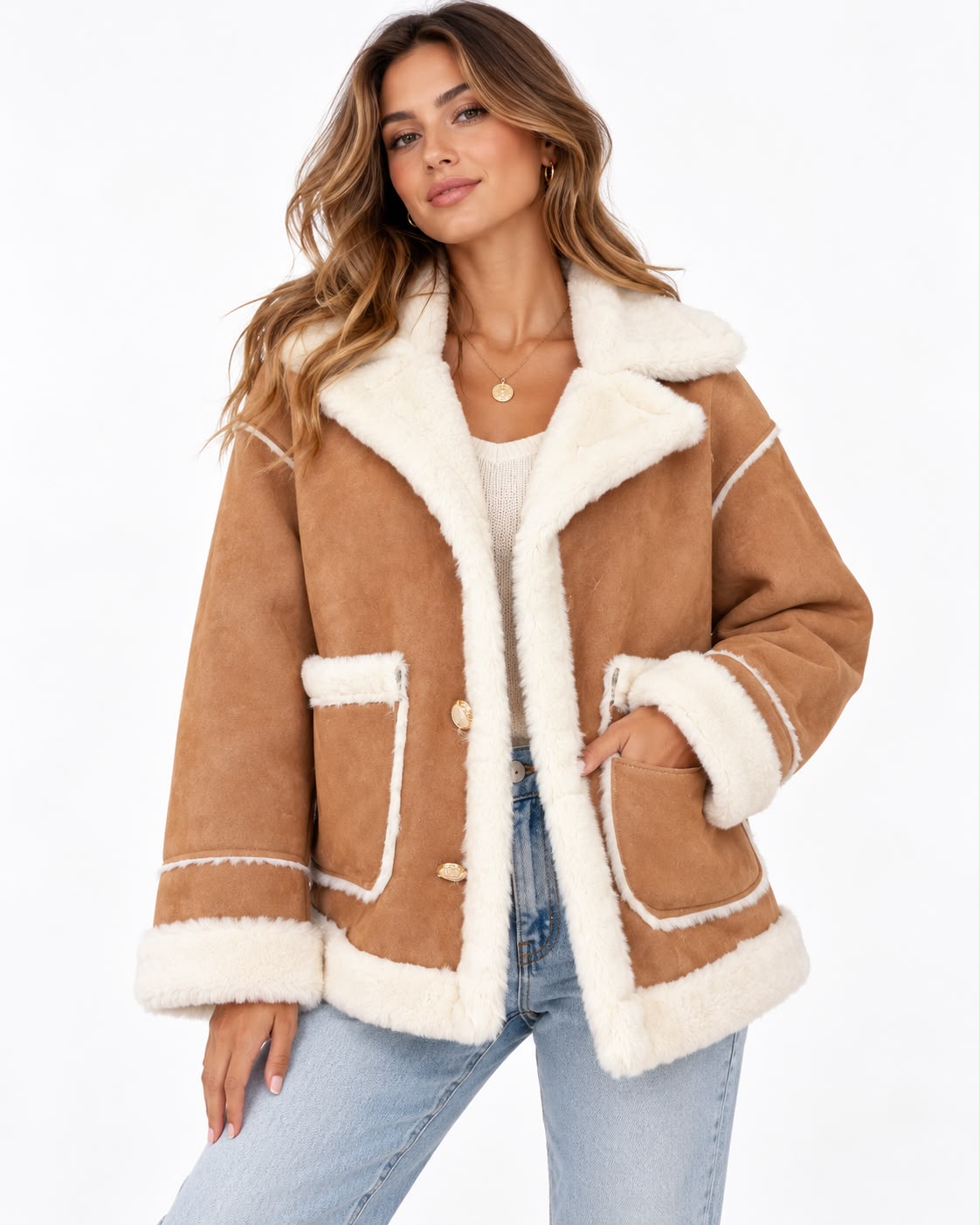 Mujer con chaqueta ovejera camel Aramis